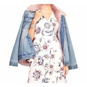 Rachel Roy Pink Fur Cameo Wash Denim Jacket 1X